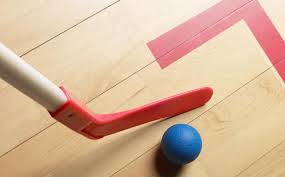 Floor hockey stick and blue ball on the Y gym floor